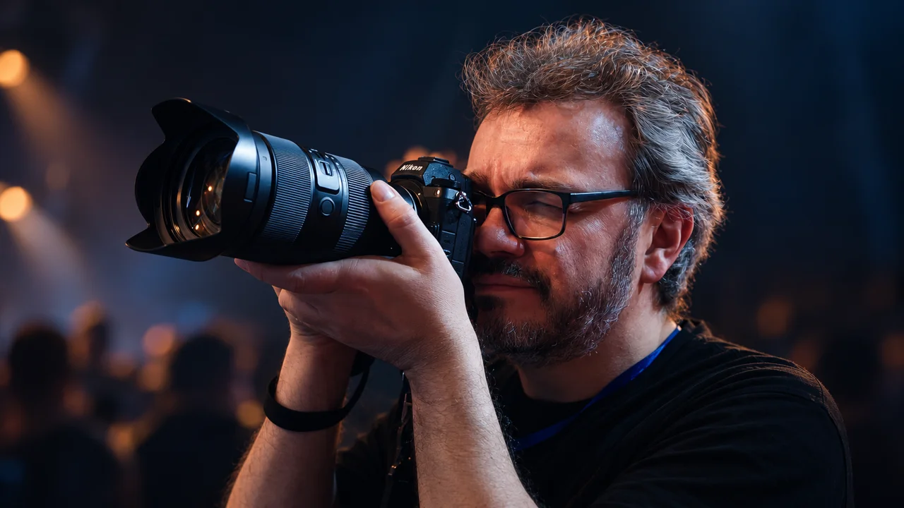 Alain Hanoul photographiant avec son appareil Nikon.