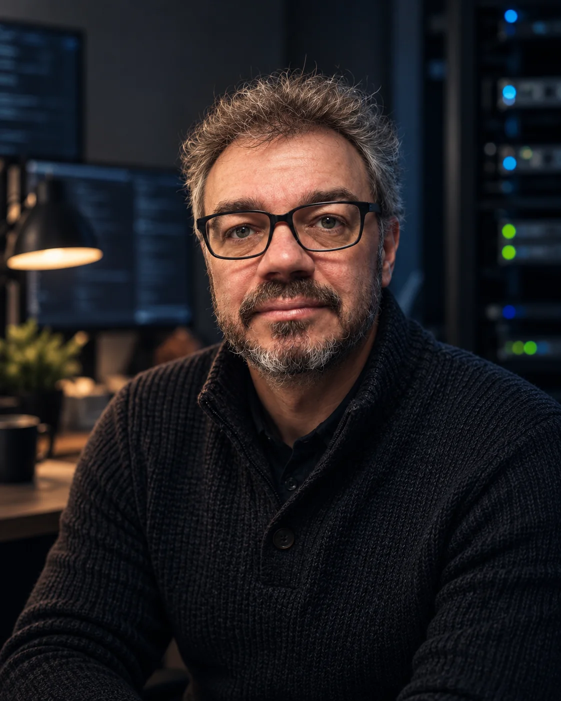 Portrait d’Alain Hanoul, assis dans un intérieur.